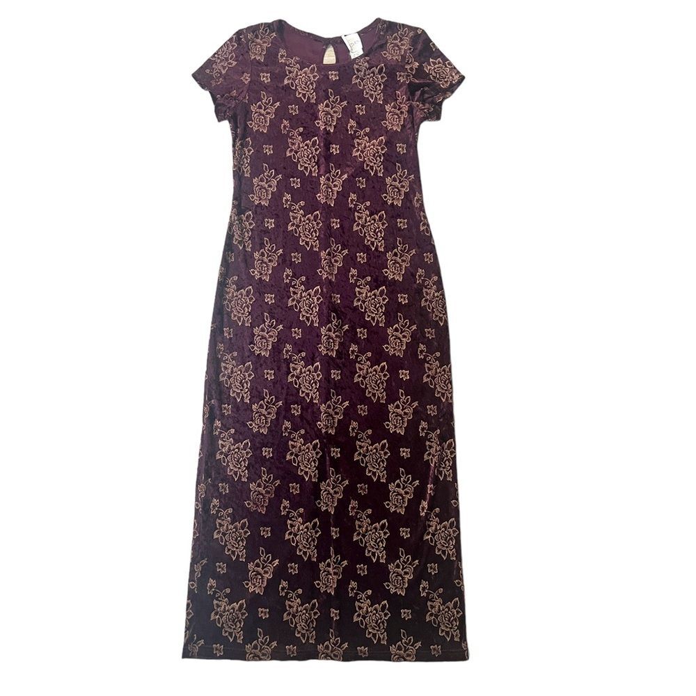 Vintage 90s Y2K Velvet Maxi Dress Purple Floral Sheath Slit 7 / 8